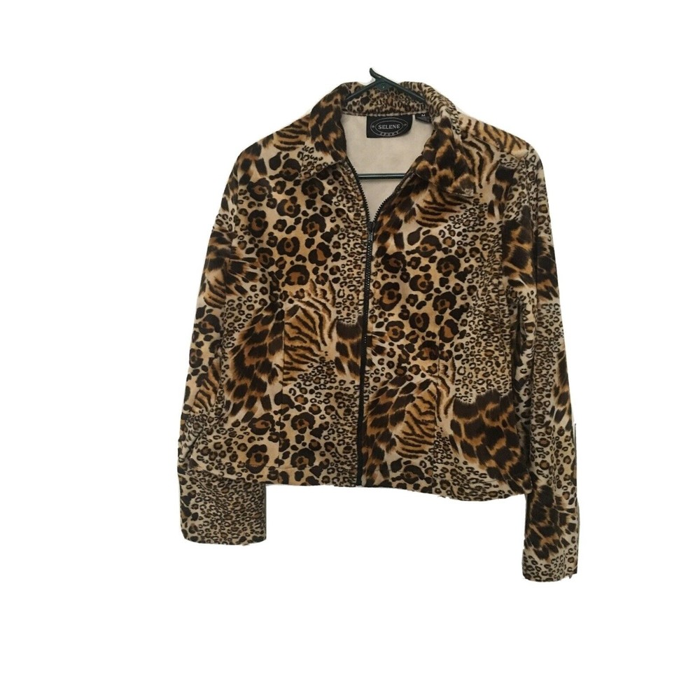 Vtg Selene Sport Women's Juniors Leopard Print Soft Fleece Zip Jacket Size M